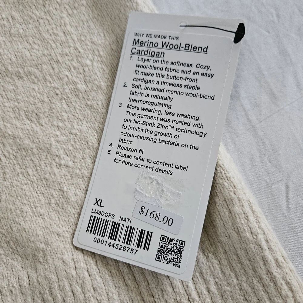 Lululemon Merino Wool-Blend Cardigan NATI Natural Ivory Men's Size XLarge